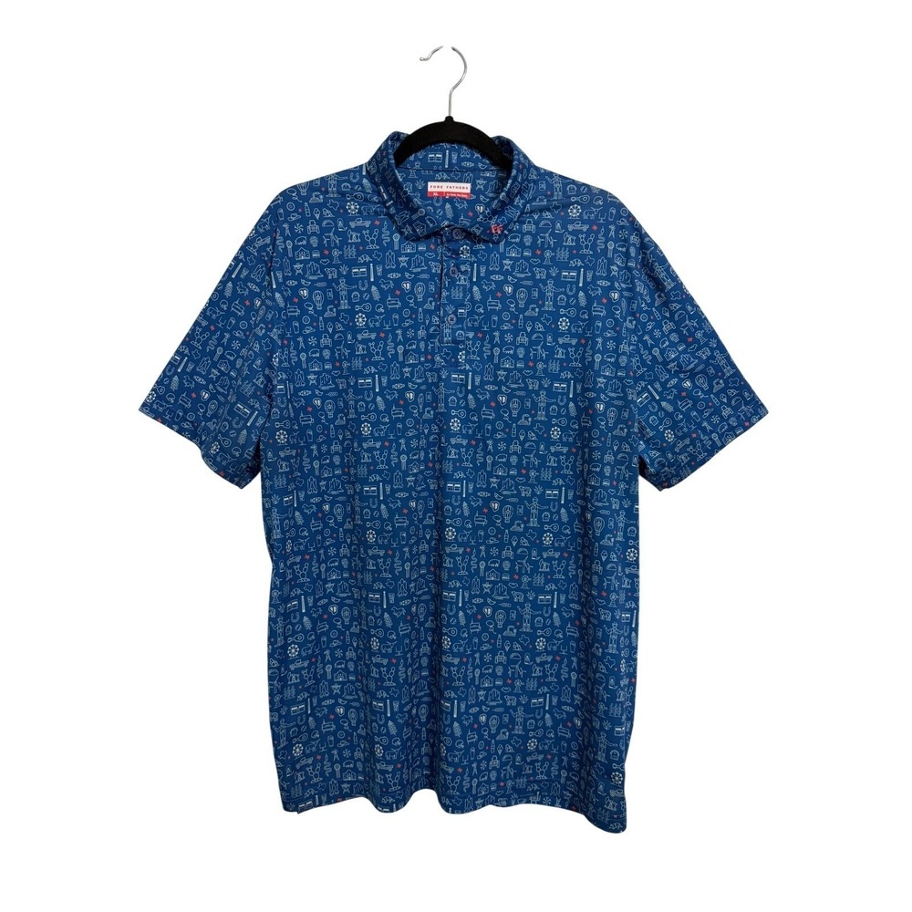 Fore Fathers Polo Shirt Mens XL Blue Texas Print Short Sleeve Golf Performance